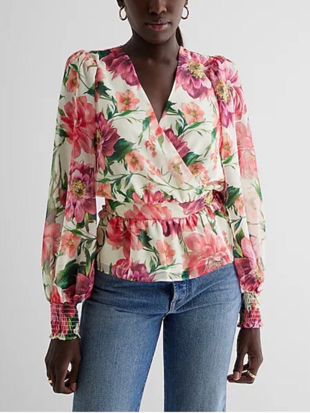 adidas Floral Wrap Peplum Blouse - Pink & Green